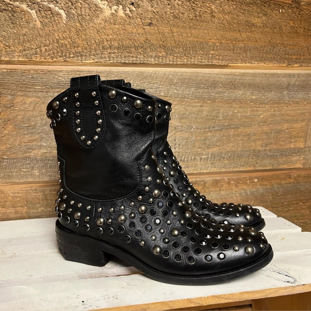 Strategia Ankle Boots Moto Studs Leather Black Size 35.5 Made In Italy Gothic